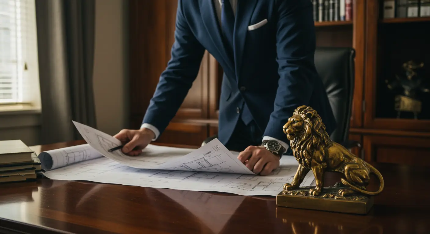 Blueprints on Executive Desk with Lion Statue