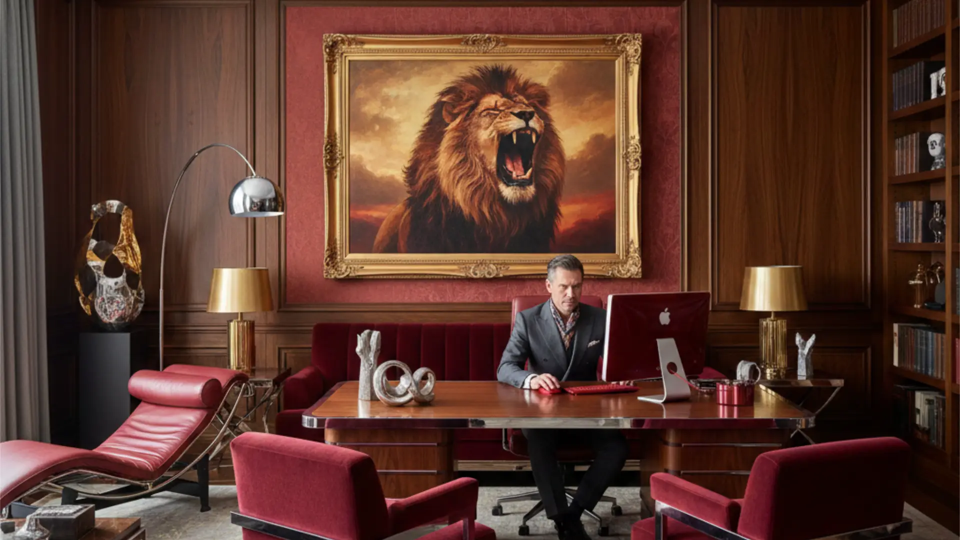 A high end real estate professional working in a midcentury modern office on his iMac.