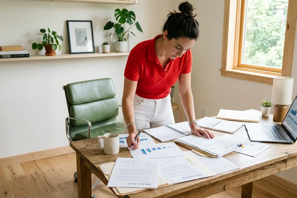 A Consultant Reviews Data A female consultant in a red blouse and white jeans reviews data at her desk.