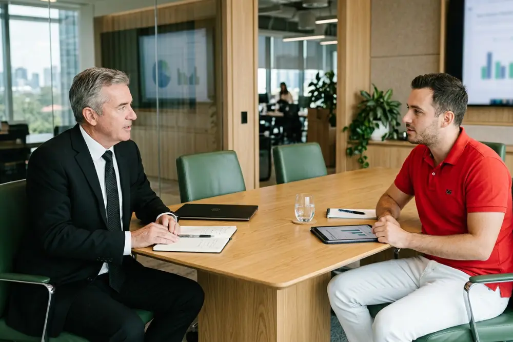 A Lawyer and Marketing Consultant Conducting a Meeting A lawyer in a black suit and consultant in a red polo conducting a meeting in a private meeting.