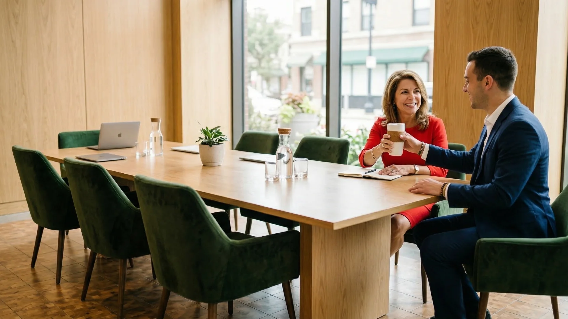 A Professional Giving a Client a Cup of Coffee in a Conference Room A Professional Giving a Client a Cup of Coffee in a Conference Room