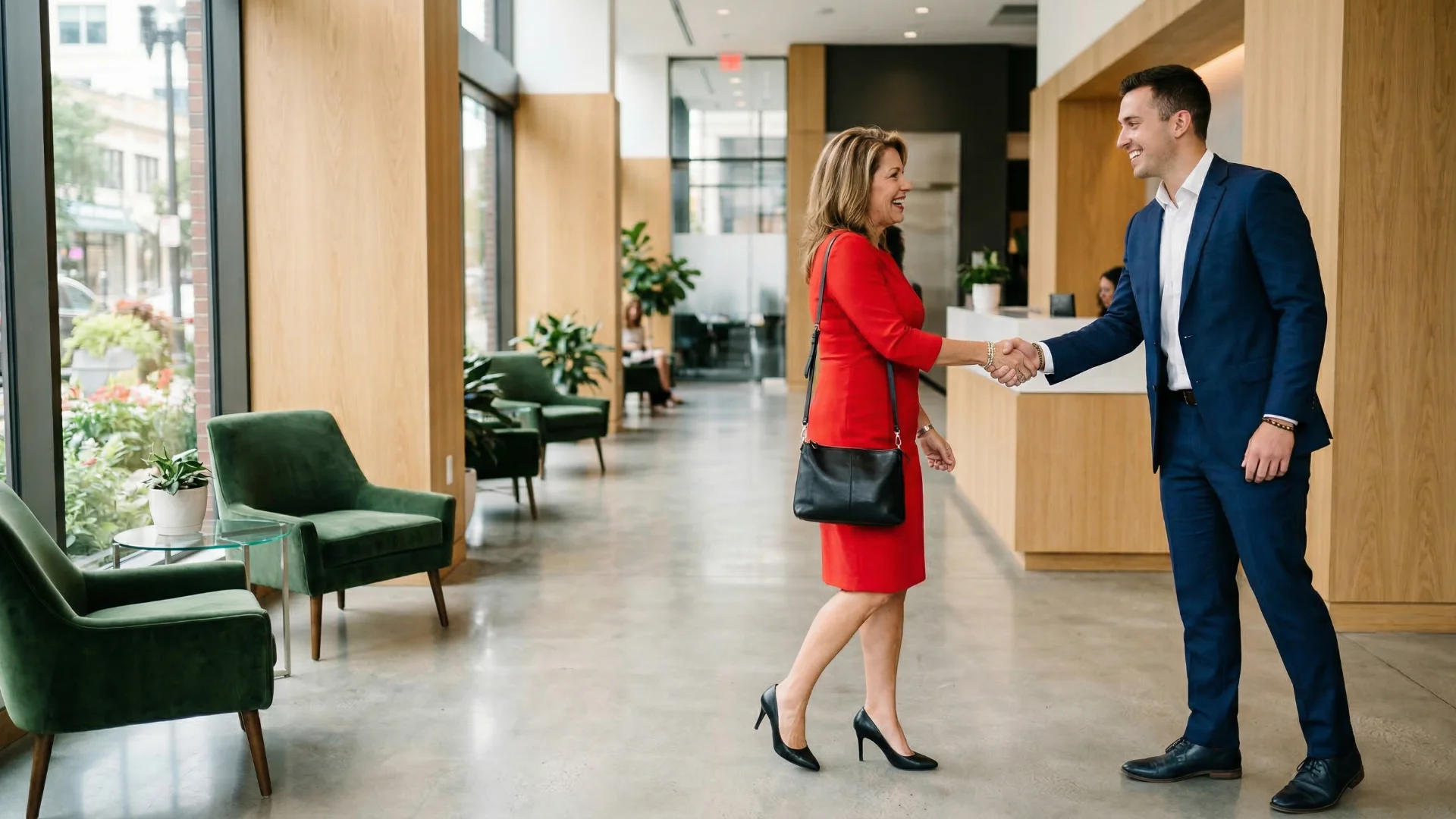 A Professional Greeting a Client in a Modern Office Lobby A Professional Greeting a Client in a Modern Office Lobby