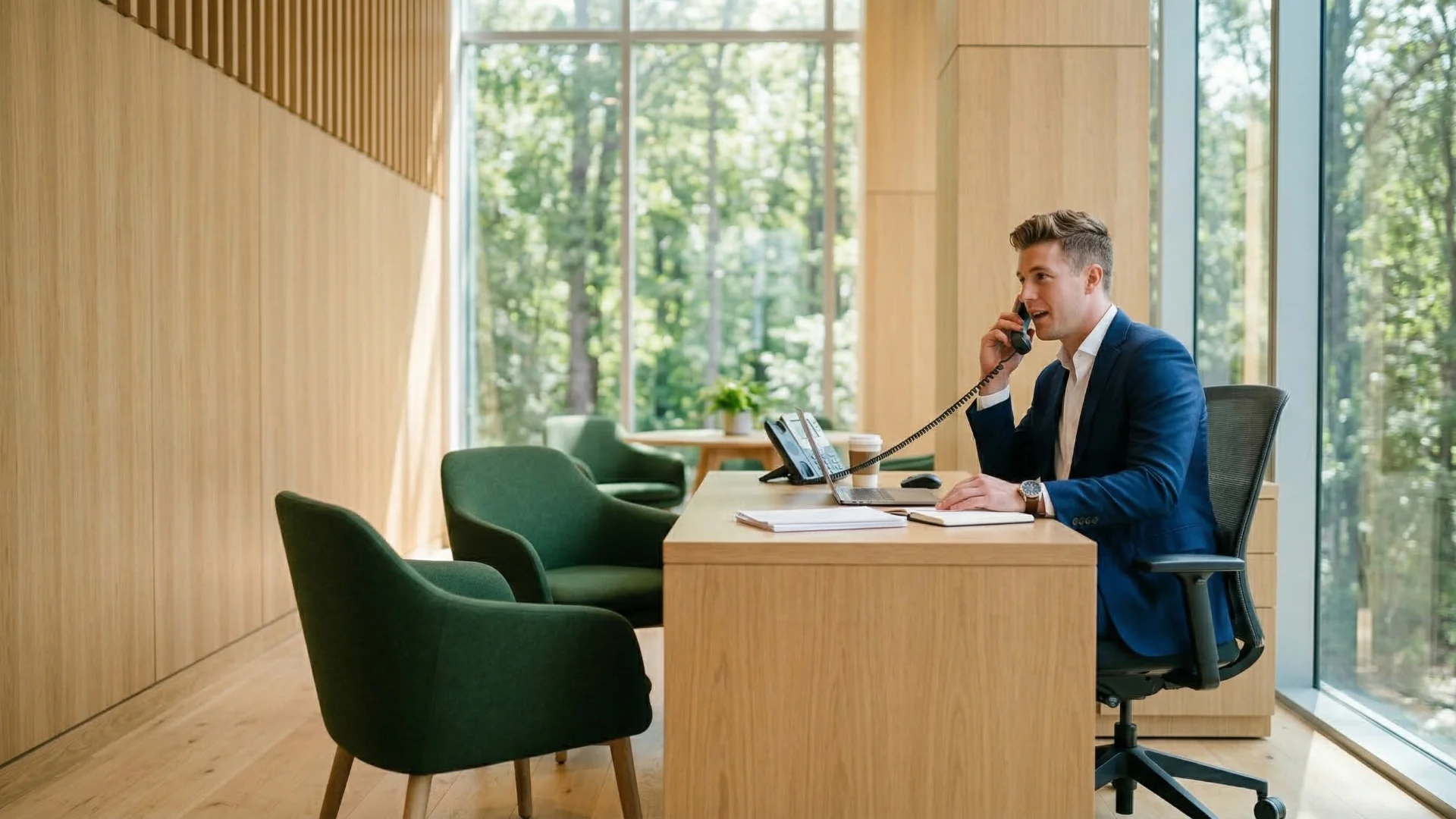 A Professional on the Phone in a Modern Wood Accent Office A Professional on the Phone in a Modern Wood Accent Office