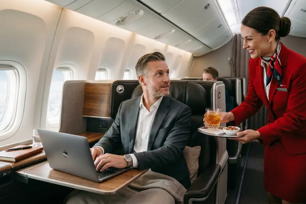 An Attorney Flying in First Class Doing Research An attorney performing research while sitting in first class on a plane being served by a flight attendant wearing red.