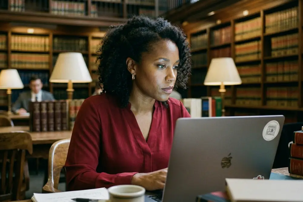 Attorney Working in Law Library A black female attorney in a red blouse working in a law library on a MacBook computer.