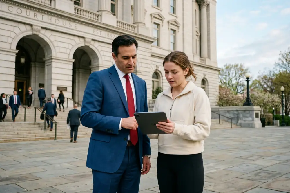 An attorney meets with a client, reviewing a shared tablet outside a courthouse.