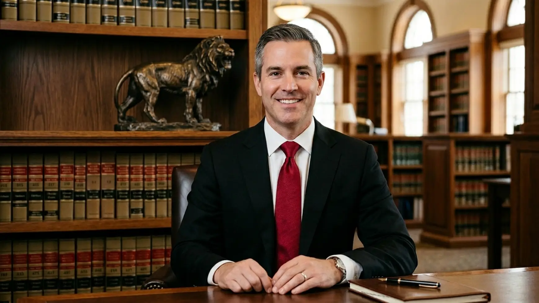 Confident attorney in a black suit with red tie posing in a law library with a leather journal on the table.
