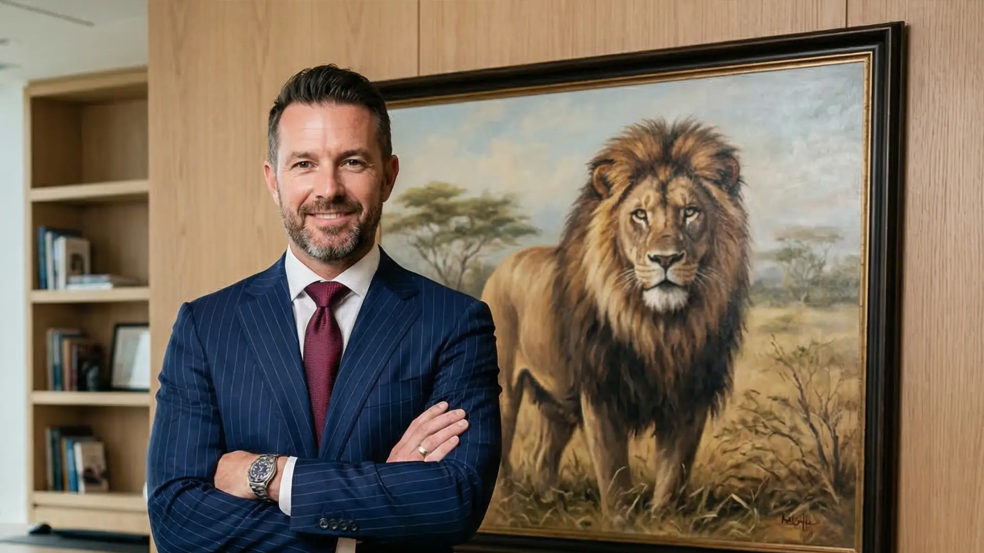 A confident attorney in a navy blue suit posing next to a painting of a lion.