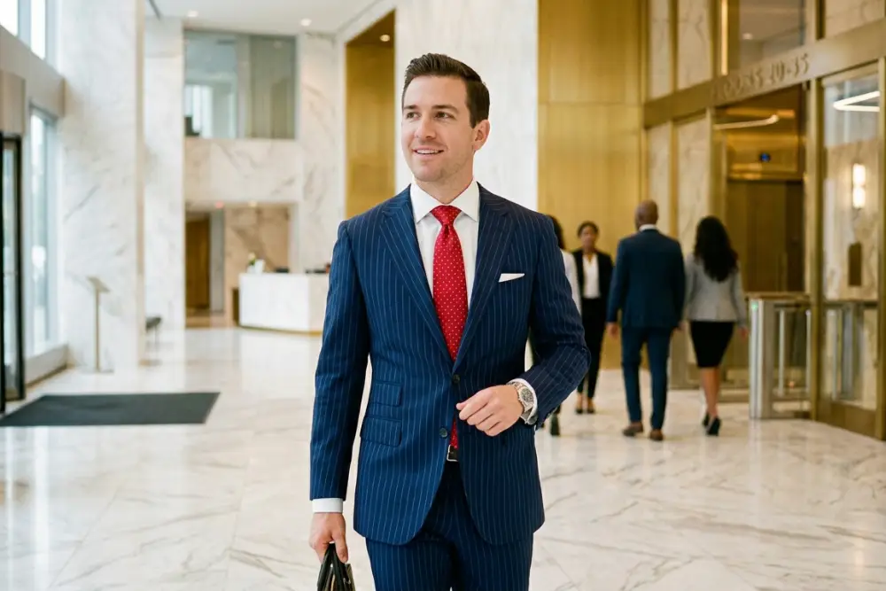 Confident Consultant Walking Out Of High Rise Lobby A man in a navy blue pin stripe suit with white shirt and red tie walking out of high rise lobby clad in marble.
