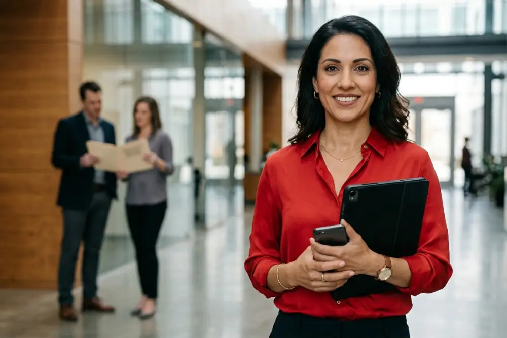 Confident Professional with Happy Customers A confident business woman stands holding a tablet and phone while happy customers review a file in the background.