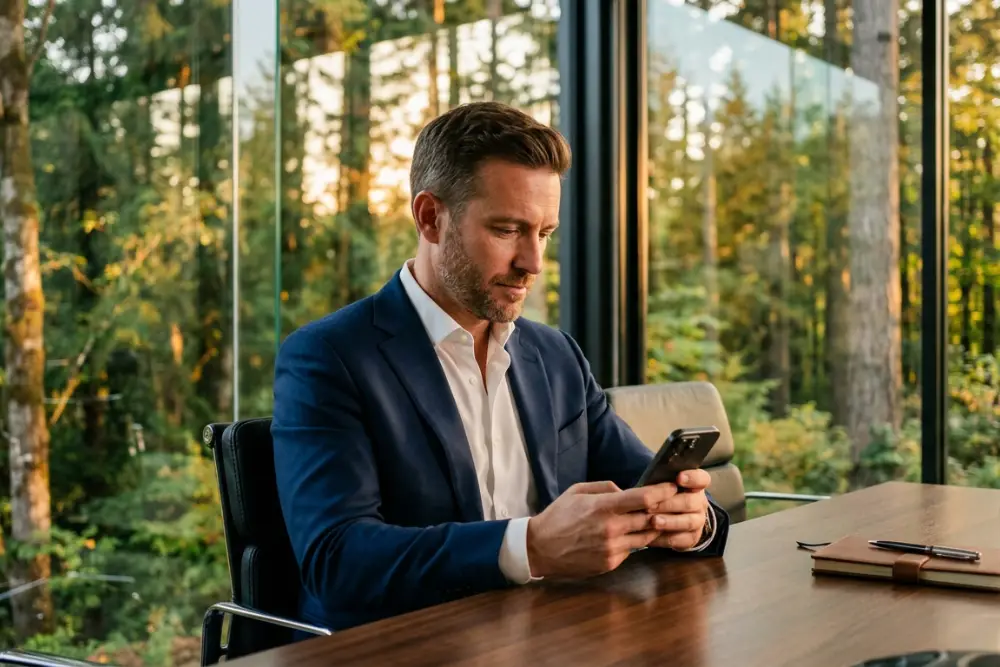 A professional man in a glass conference room looking at his iPhone from the conference table.