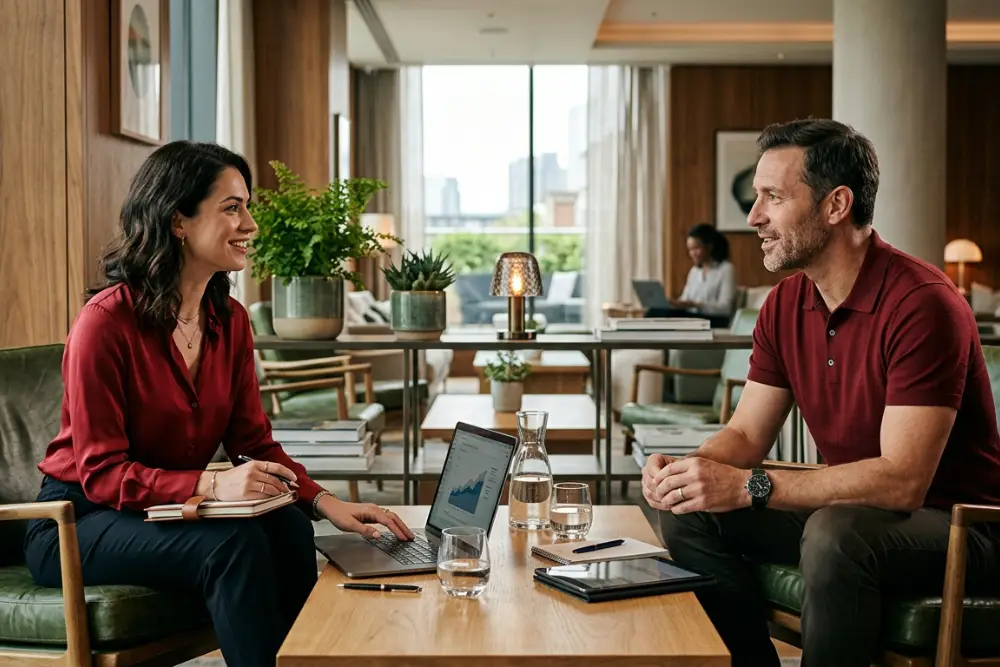 A businesswoman and businessman in a meeting in a chic modern lounge.