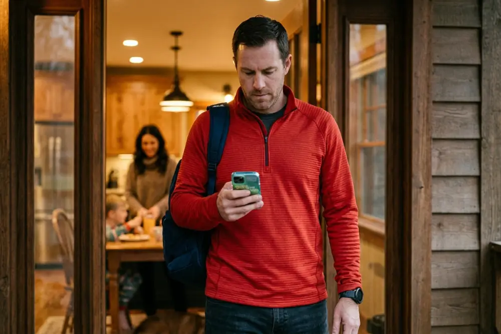 A man in a quarter zip walking out of his house checking emails on his phone in the early morning.