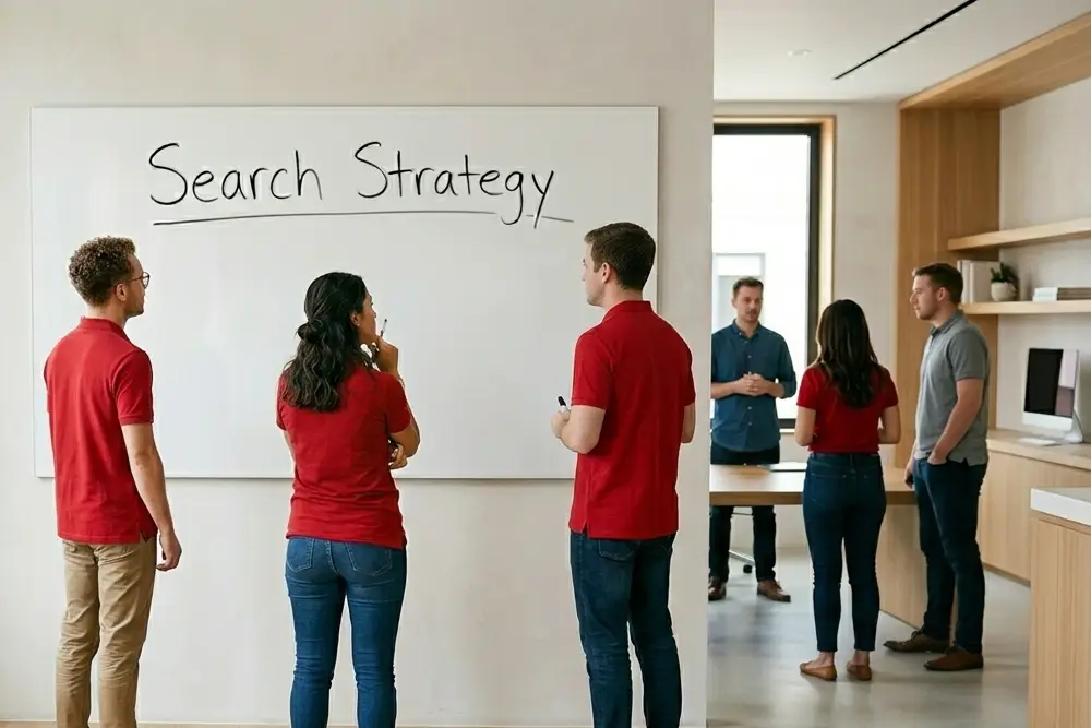 Search Strategy Session A team of SEO strategy consultants brainstorming in a conference room with a whiteboard on the wall.