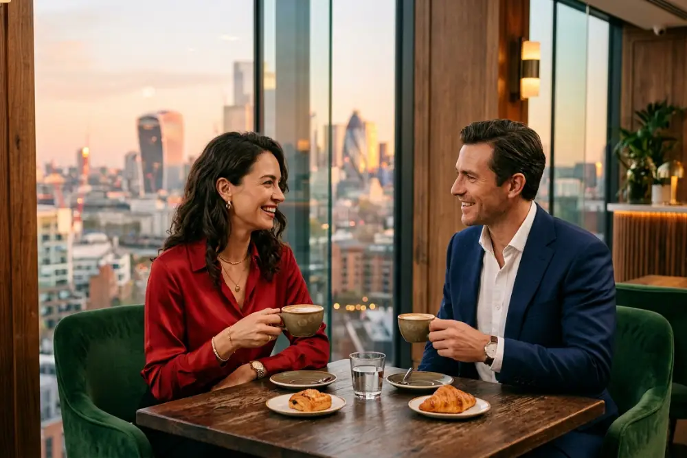 A professional woman and man networking over coffee in the morning in a chic modern coffee space.