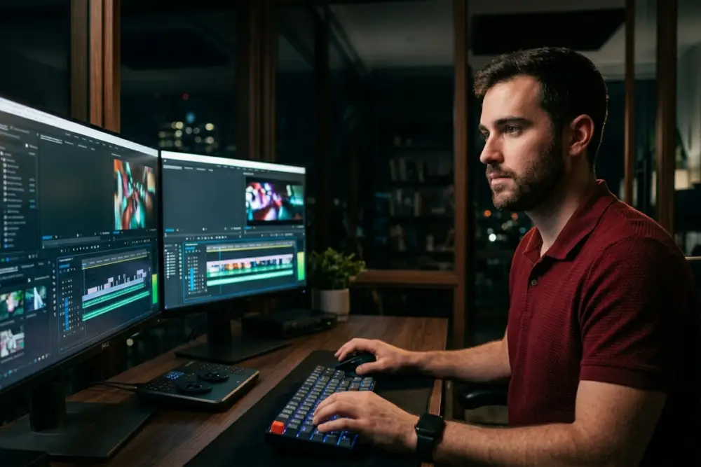 Video Professional Editing Social Media Content on Dual Monitor Workstation A video editor works to edit social media content on a dual monitor workstation at night in a home office.