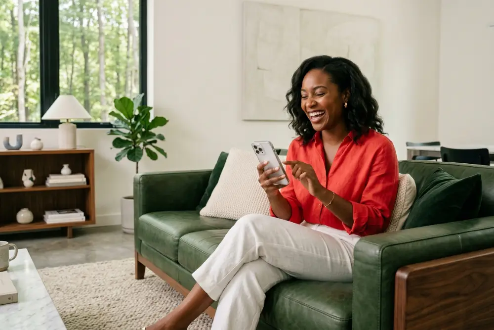 Woman Scrolling Social Media in a Living Room A woman sitting on a green couch in a luxurious living room scrolling social media on her iPhone.