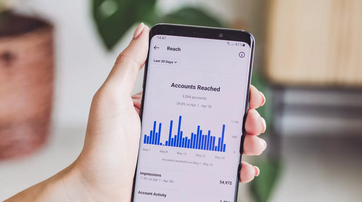 An analytics screen for a social media manager on a smartphone in a green office.
