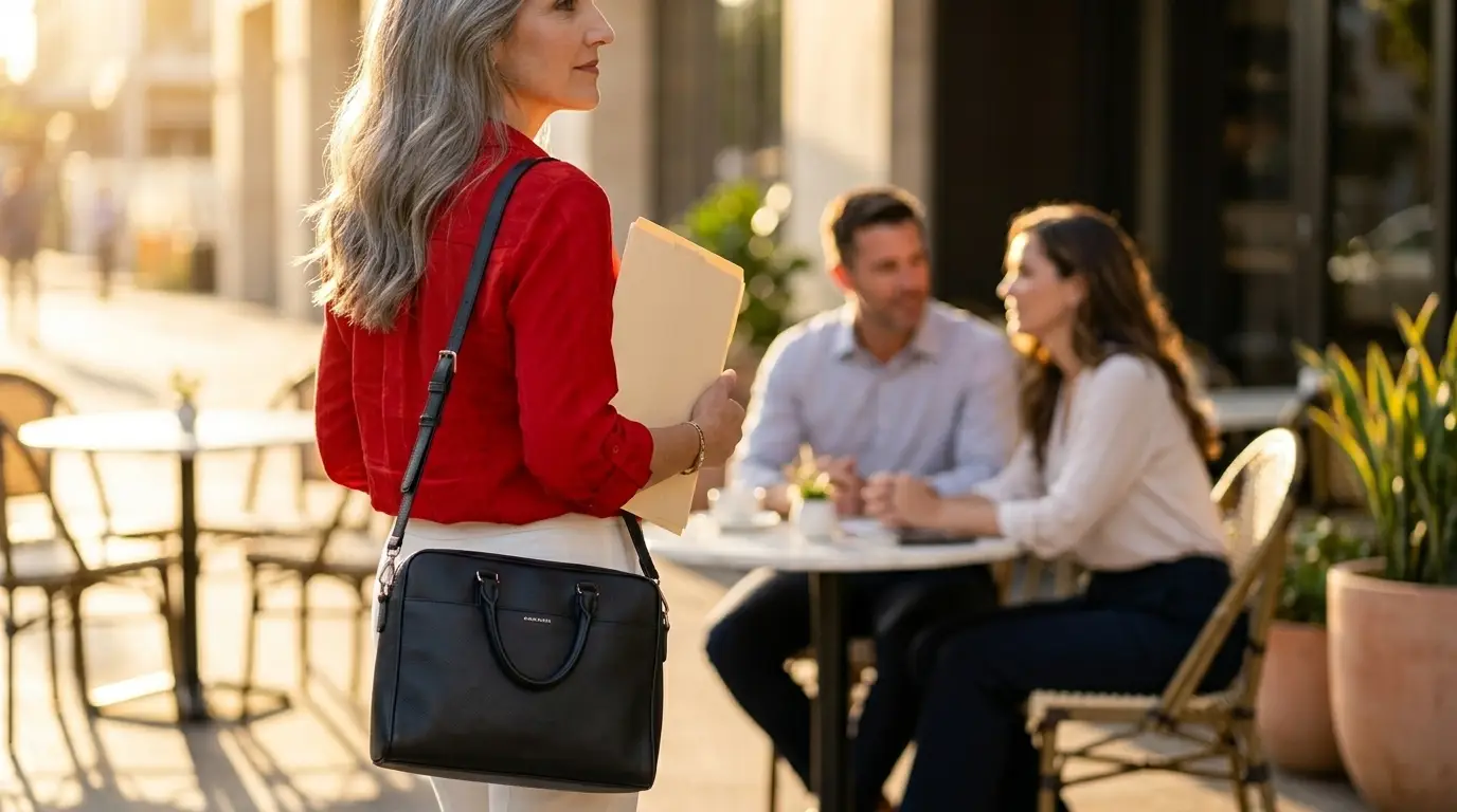 A woman in a red blouse holds a folder walking towards a couple seated at a cafe chair who are her clients.