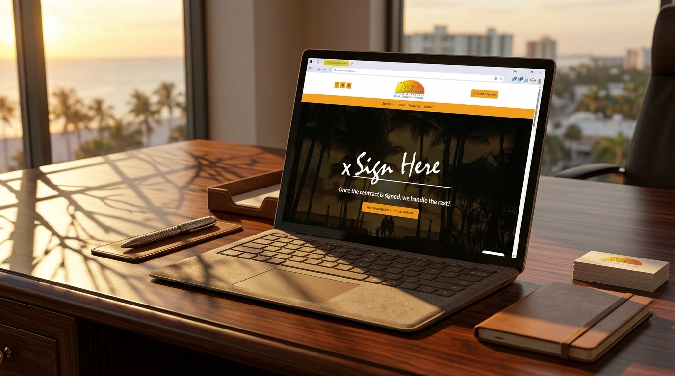 A title company website on a Surface style laptop sitting on an executive desk during sunset in a Florida office.